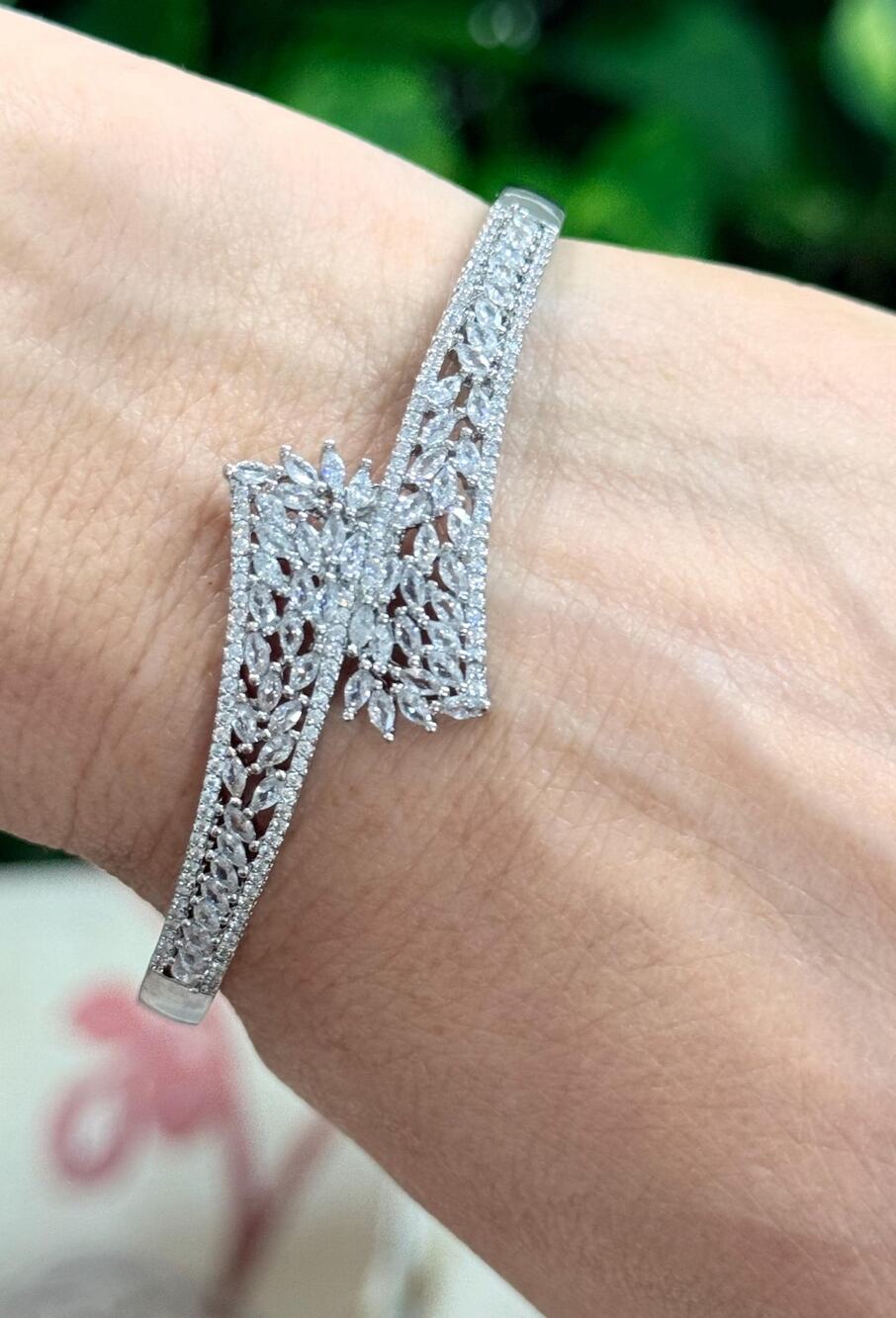 Silver Tone CZ Floral Cuff Bracelet Open Bangle, Marquise Cut Statement